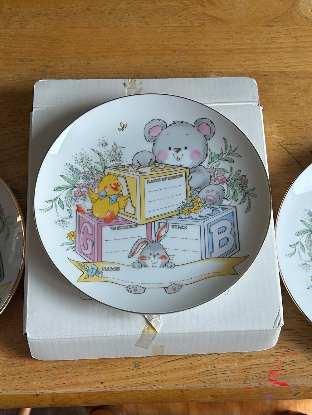 Nursery Collectible Plate with Teddy Bear & Blocks - Pastel Pink, Blue, Yellow